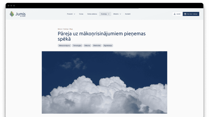 Jumis mājaslapas sadaļa “Blogs” ar raksta priekšskatījumu un aprakstu par tehnoloģiju un uzņēmējdarbības tendencēm.