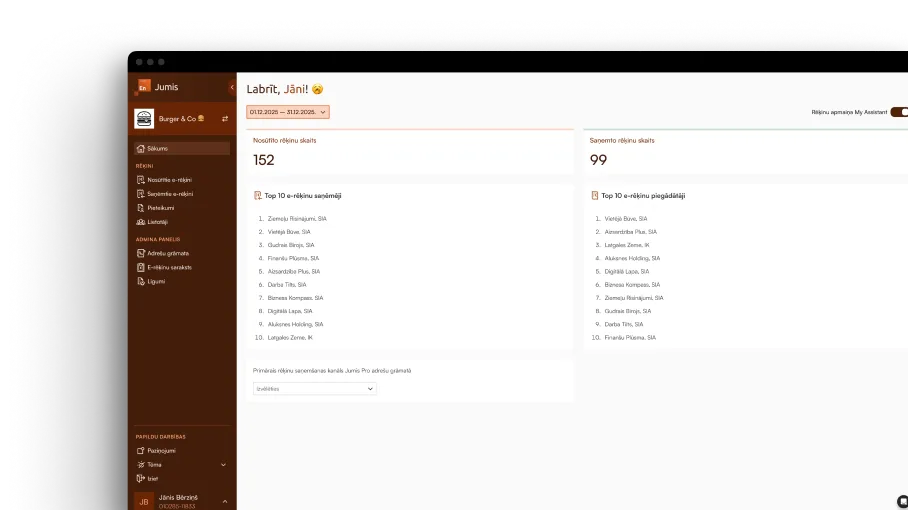 Jumis Envoice informācijas panelis ar nosūtīto un saņemto e-rēķinu pārskatu.