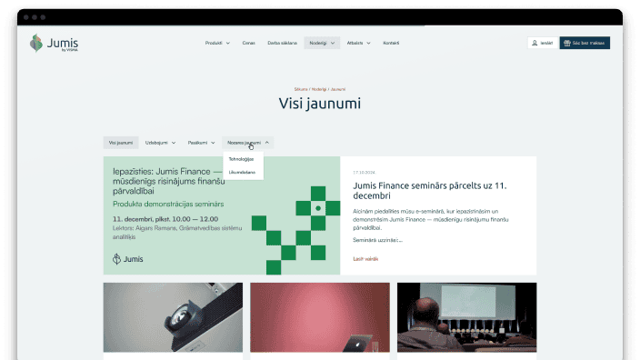 Jumis mājaslapas sadaļa “Jaunumi” ar jaunāko ziņu sarakstu un filtrēšanas opcijām.