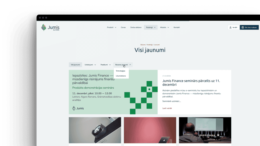 Jumis mājaslapas sadaļa “Jaunumi” ar jaunāko ziņu sarakstu un filtrēšanas opcijām.
