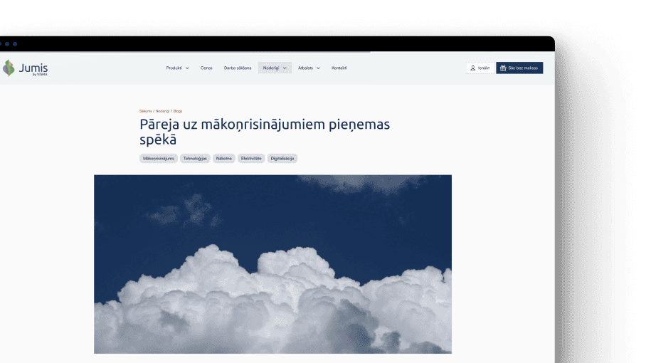 Jumis mājaslapas sadaļa “Blogs” ar raksta priekšskatījumu un aprakstu par tehnoloģiju un uzņēmējdarbības tendencēm.