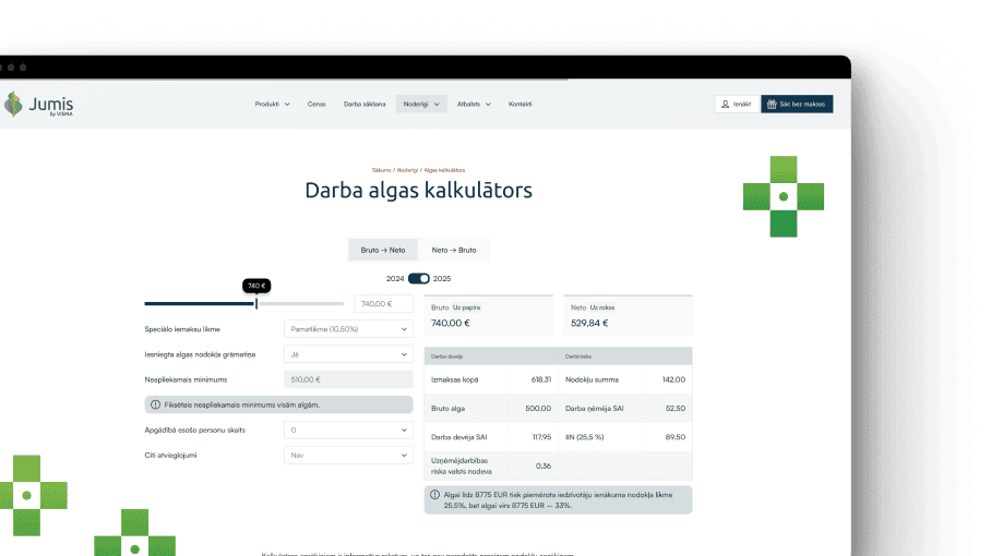 Jumis mājaslapas sadaļa “Algu kalkulators” ar lietotāja ievades formu un aprēķinu rezultātiem.