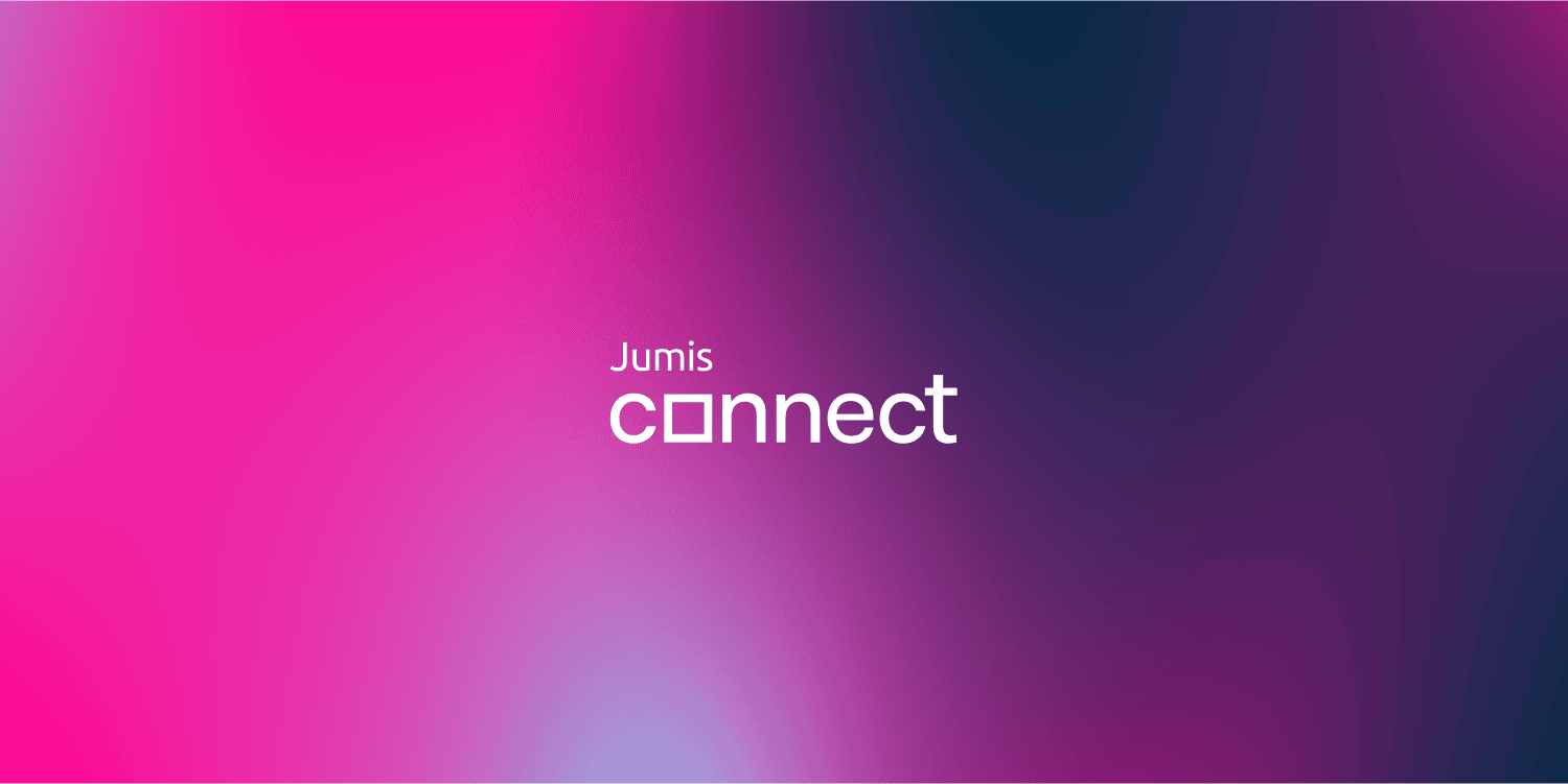 Jumis Connect logo uz violetas un rozā krāsu gradienta fona.