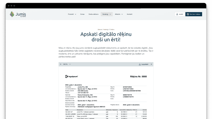 Jumis mājaslapas sadaļa “Ē-rēķins” ar digitāla rēķina priekšskatījumu un aprakstu par drošu augšupielādi.