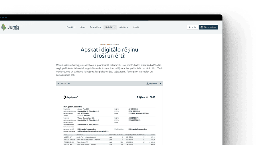 Jumis mājaslapas sadaļa “Ē-rēķins” ar digitāla rēķina priekšskatījumu un aprakstu par drošu augšupielādi.